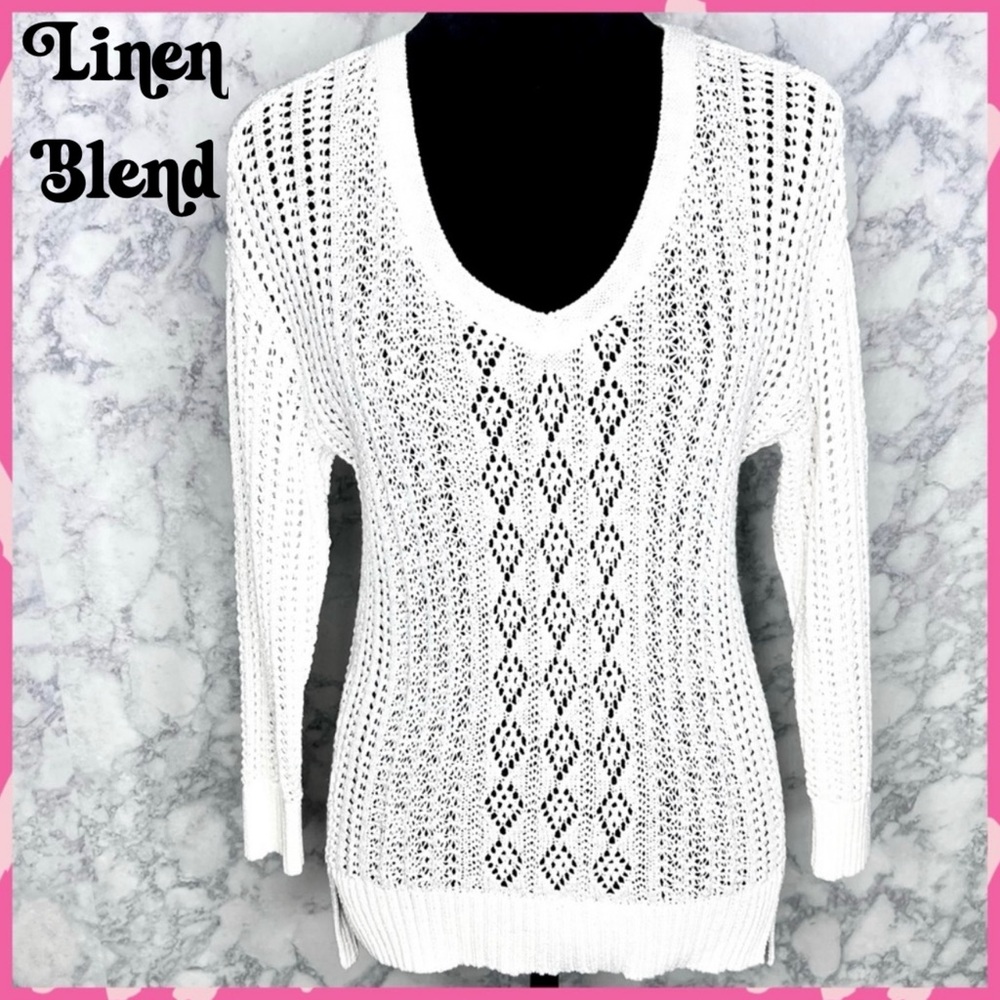WHBM White LINEN Blend Open Knit Sweater Women’s Small V-Neck